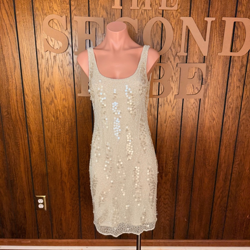 Pisarro Nights Beaded Sequin Dress Womens 4 Cream Mermaidcore Bride Y2K Cocktail